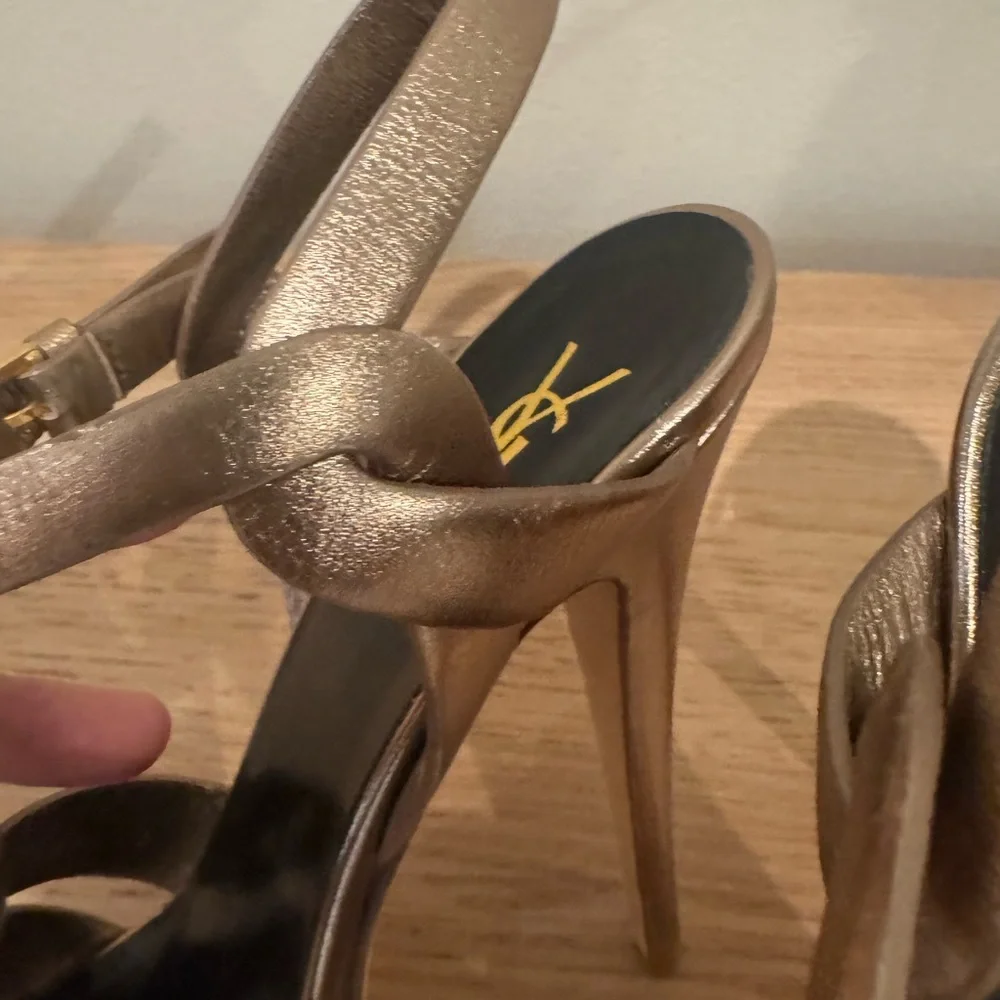 Saint Laurent Metallic Bronze Braided T-Strap Platform Sandals - Picture 13 of 16